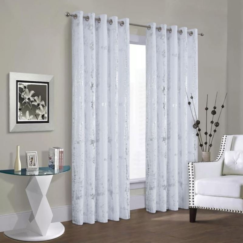 Michaela White Silver Eyelet Fully Lined Ready Made Curtains
