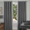 Salerno Faux Wool Charcoal Eyelet Blackout Lined Ready Made Curtains - Image 2