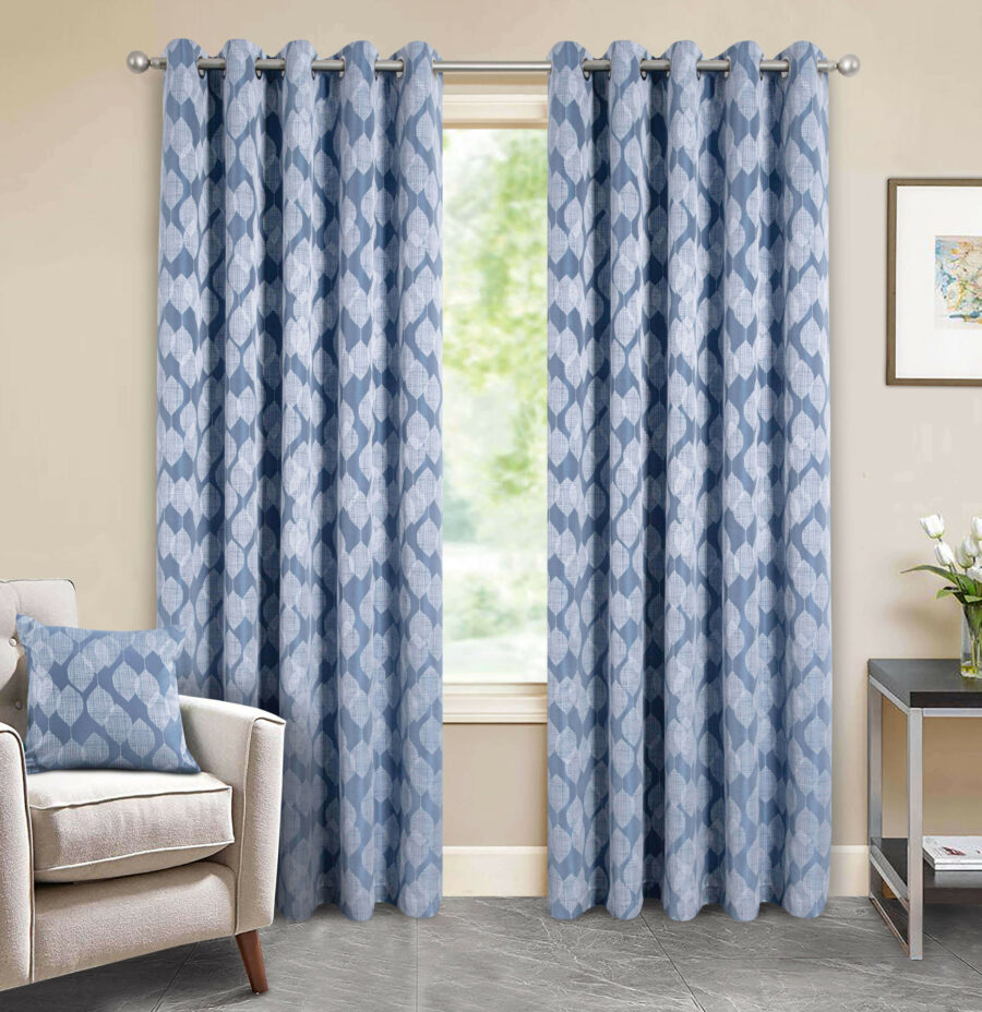 Hendon Blue Eyelet Jacquard Lined Pencil Pleat Ready Made Curtains
