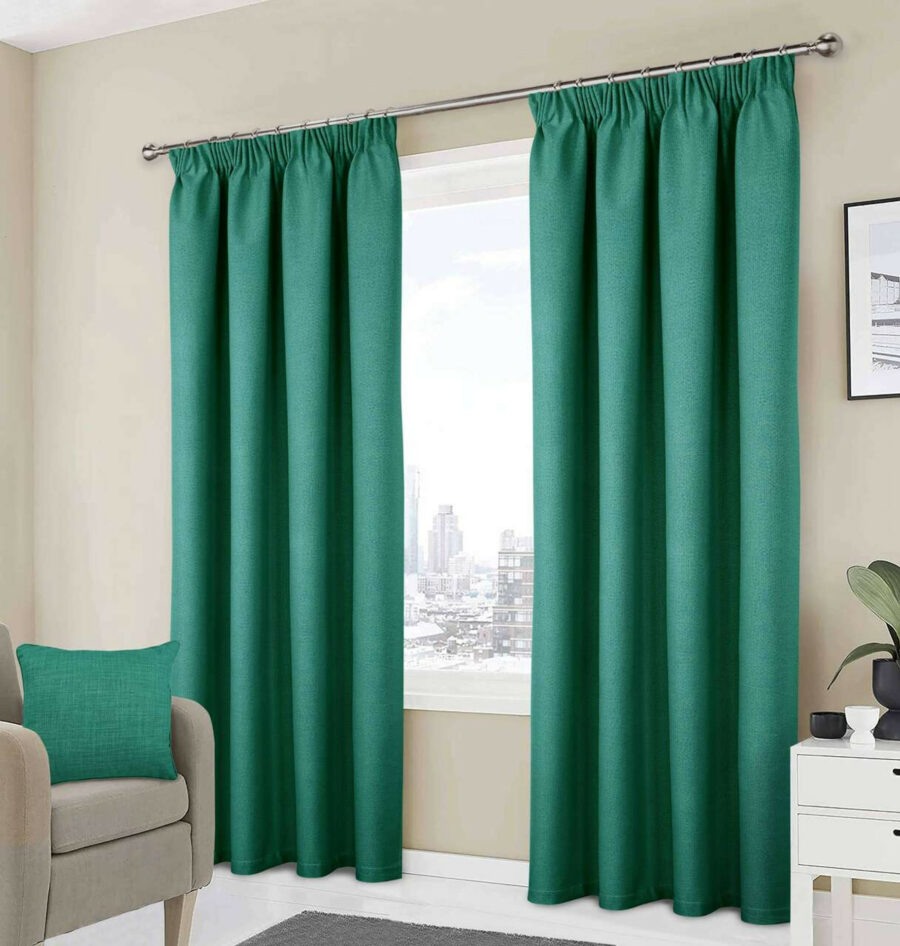 Athens Green Pencil Pleat Self Lined Blackout Ready Made Curtains