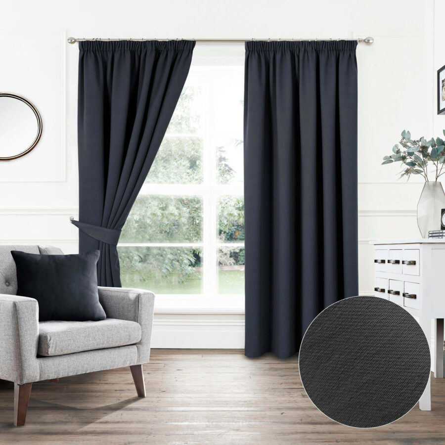 Plain Woven Black Pencil Pleat Blockout Self Lined Ready Made Curtains